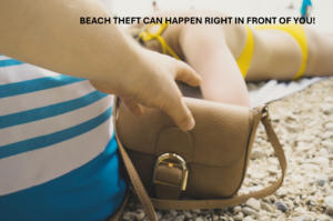 somebody stealing a purse on the beach
